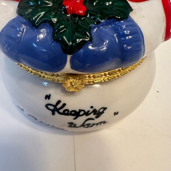 Vintage 1999 Keeping Warm Snowman Couple Ceramic Hinged Trinket Box 1st Edition - Picture 6 of 10